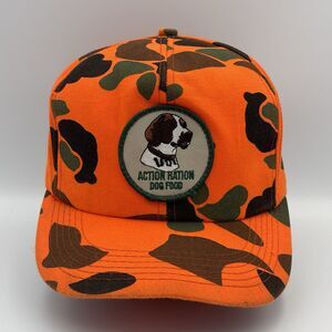 Vintage Action Ration Dog Food Co-Op Orange Camouflage Snapback Hat Camo Rare
